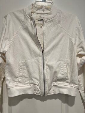 White Denim Zip-Front Bomber Jacket